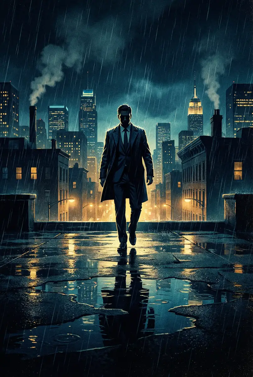 日本一卡二卡三卡不卡 出品影片《雨夜独行者》海报，雨中城市屋顶男性剪影